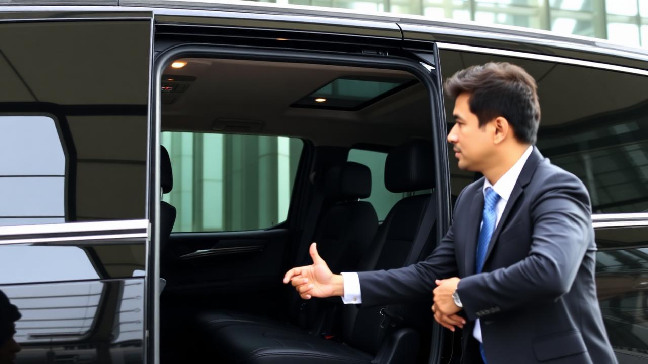 Seorang profesional berjas memasuki mobil premium hitam untuk perjalanan dinas di depan gedung perkantoran