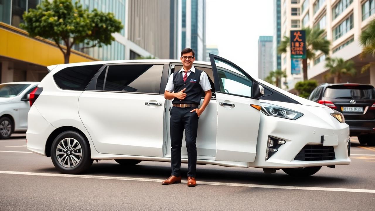 Driver berseragam berdiri di samping mobil rental berwarna putih di jalan kawasan Jakarta Barat