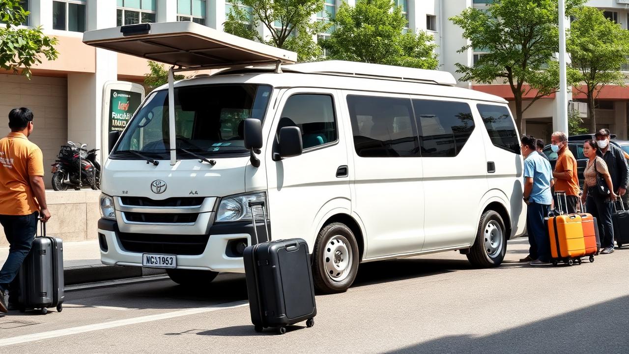 Minibus Toyota Hiace putih dengan rombongan penumpang dan koper bersiap berangkat