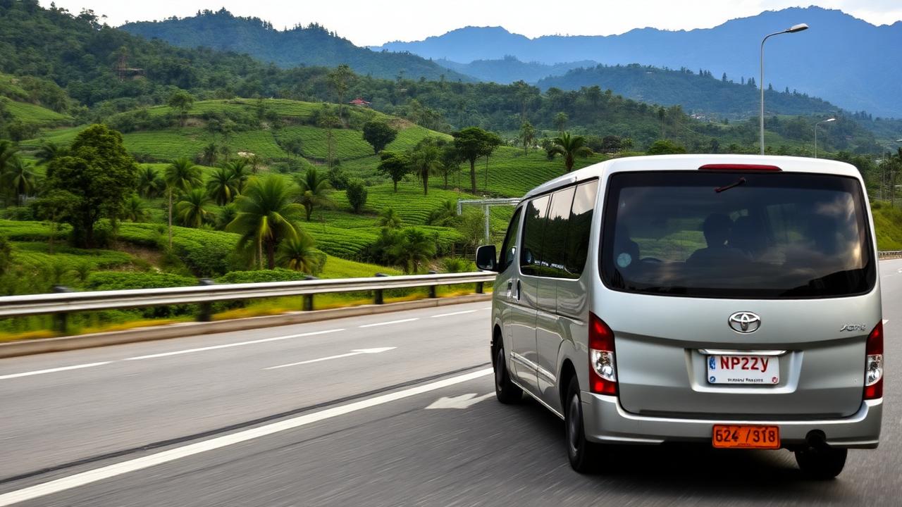 Minibus travel melintasi jalan tol menuju Bandung dengan latar perbukitan hijau