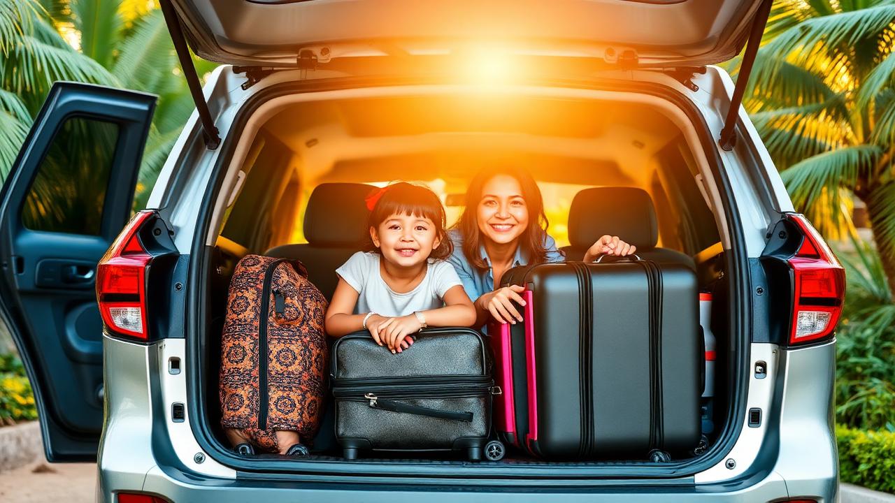Keluarga memasukkan koper ke bagasi mobil MPV sebelum berangkat berlibur